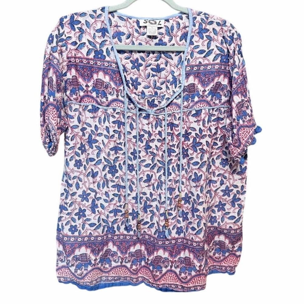Vintage SOL 100% cotton boho coastal airy blouse top large white blue red